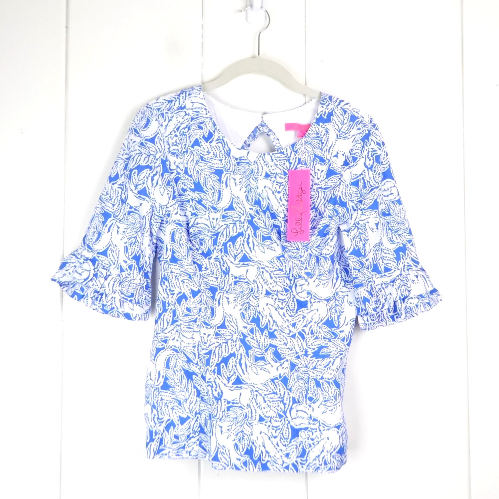 Lilly Pulitzer Top Women SZ 2 3/4 Bell Sleeve Fiesta Abstract Beachy Coastal NWT